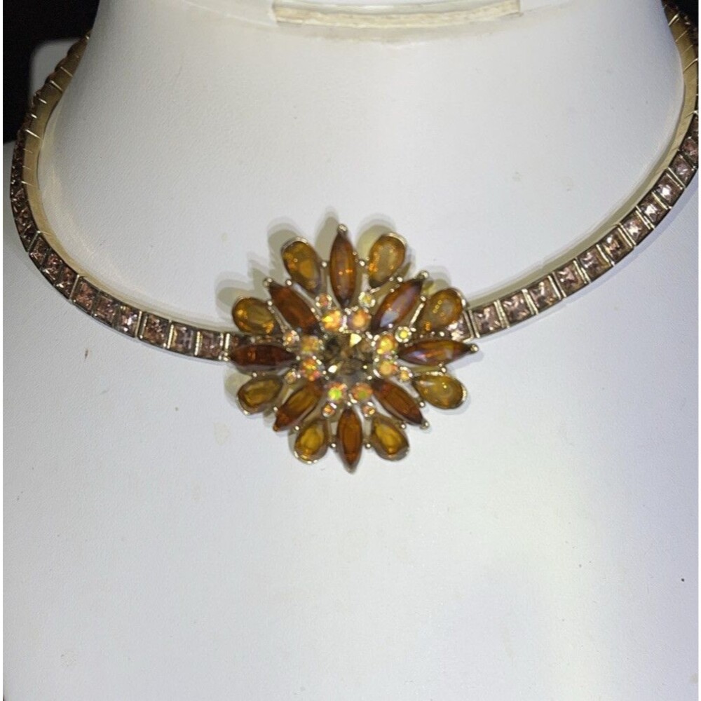 Vtg Estate Faux Amber Necklace Choker Rhinestone Insets Around Neck 2.5” Extens.